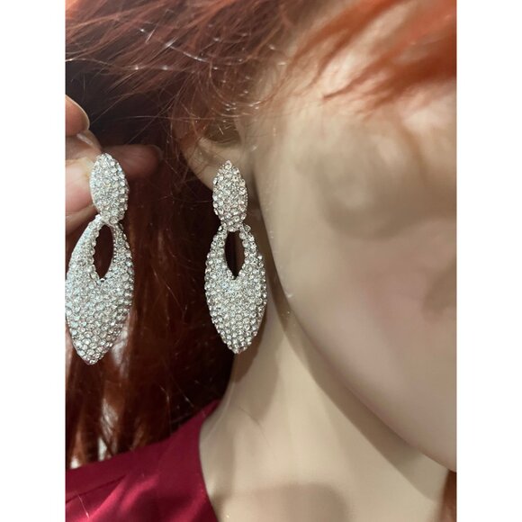 rhinestone earrings clear silver crystal wedding long drop long sparkle earring - Picture 3 of 7